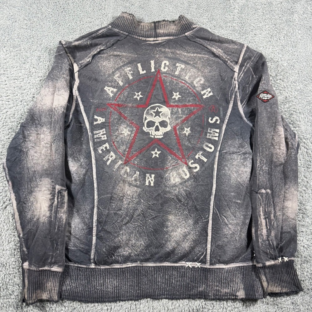 Affliction American Customs Jacket Mens Medium Gray Acid Wash Distressed Skull
